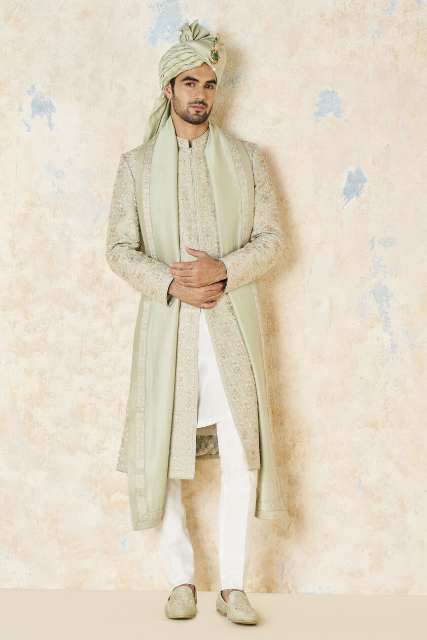 Devarsh Gota Patti & Aari Silk Sherwani - Sage, Sage, image 1