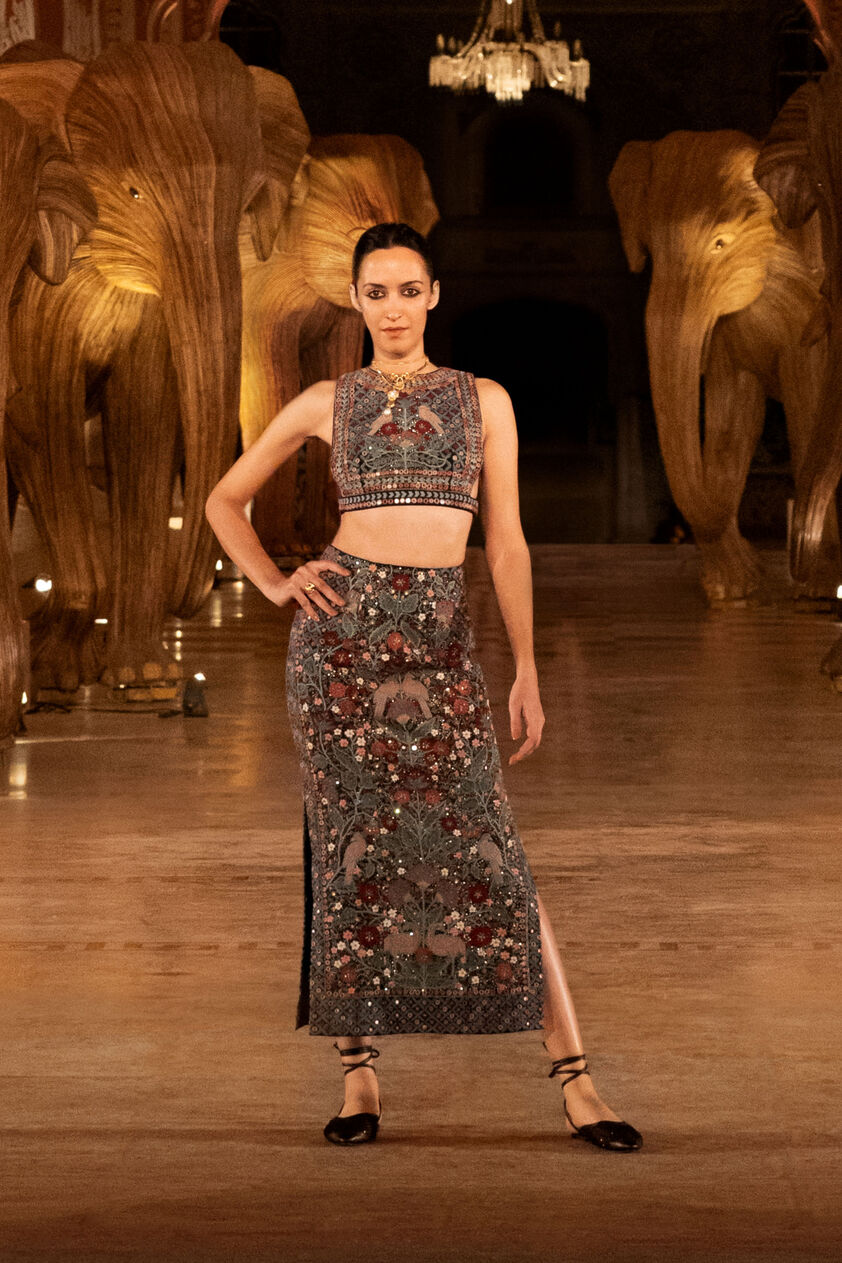 Symphony Of The Wilderness Zardozi & Mirror Embroidered Silk Skirt Set - Blue, Blue, image 1