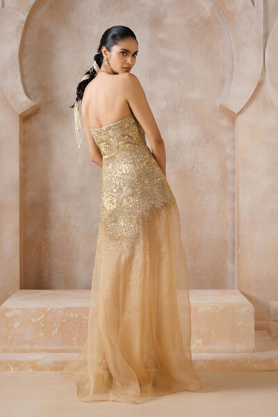 Islaire Embroidered Applique Gown - Gold