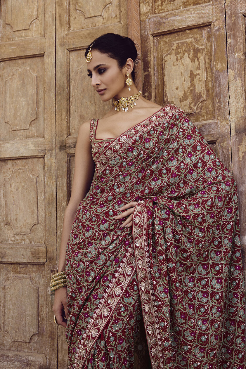 Azmah Embroidered Georgette Saree - Red, Red, image 4