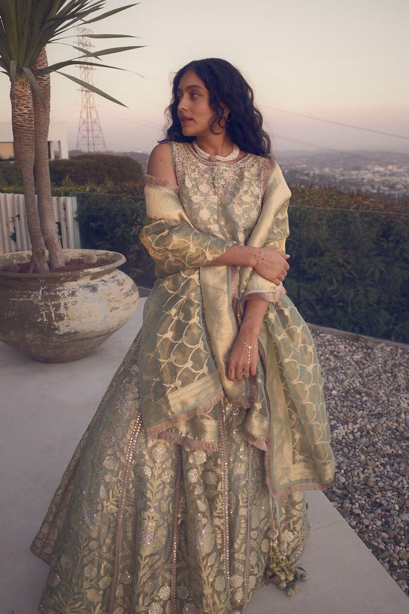 Vajasi Handwoven Benarasi Silk Lehenga Set - Aqua, Aqua, image 2