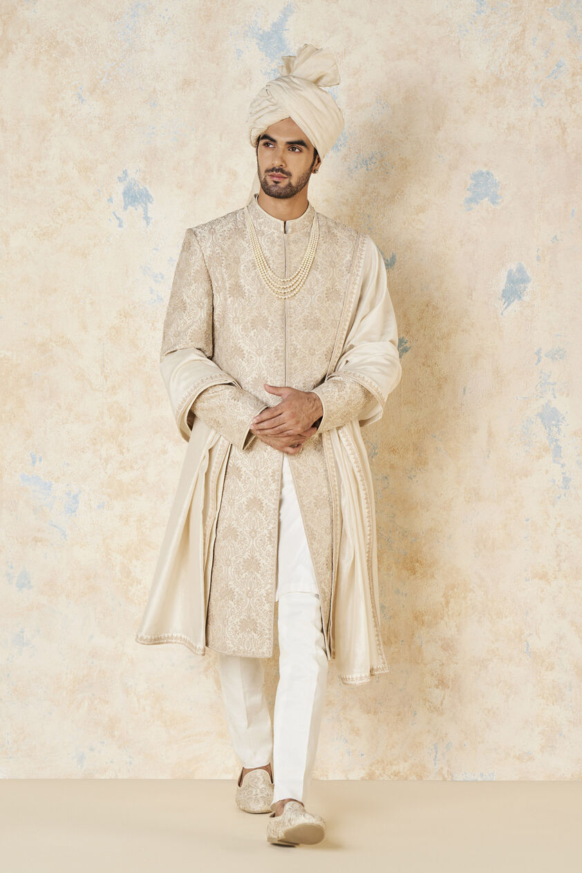 Ikshaan Embroidered Cord Silk Sherwani - Ivory, Ivory, image 1