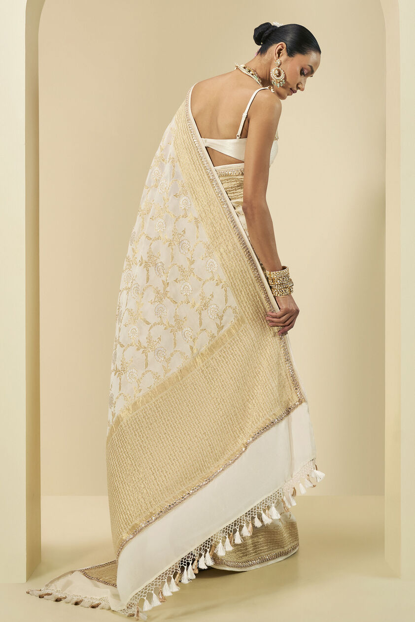 Aaradhana Benarasi Silk Embroidered Saree, Cream, image 3