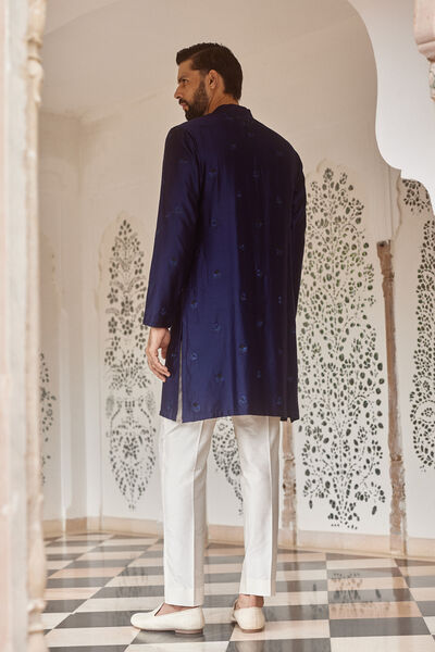 Jagan Embroidered Silk Kurta  - Navy