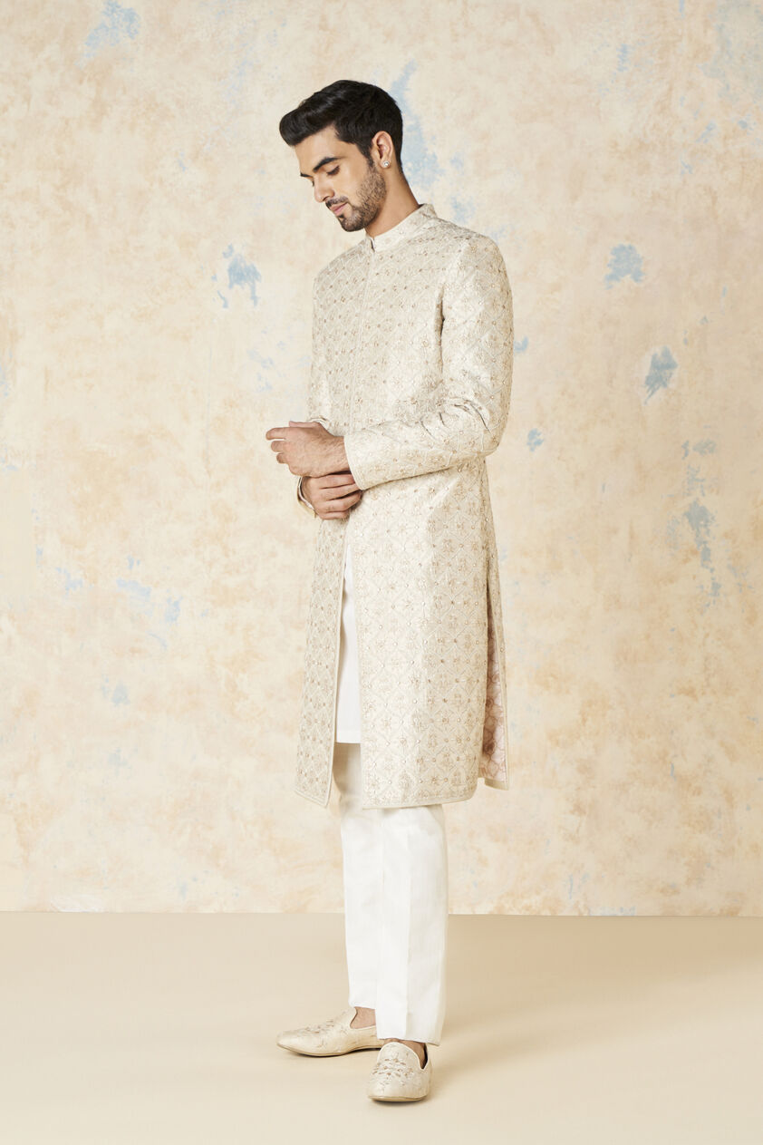 Ainesh Gota Patti & Aari Silk Sherwani - Ivory, Ivory, image 2
