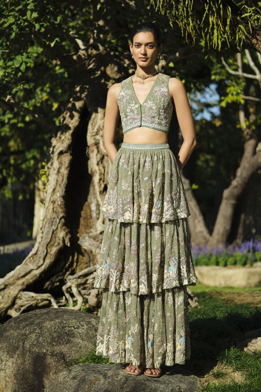 Elodea Embroidered Tiered Skirt Set - Sage, Sage, image 1