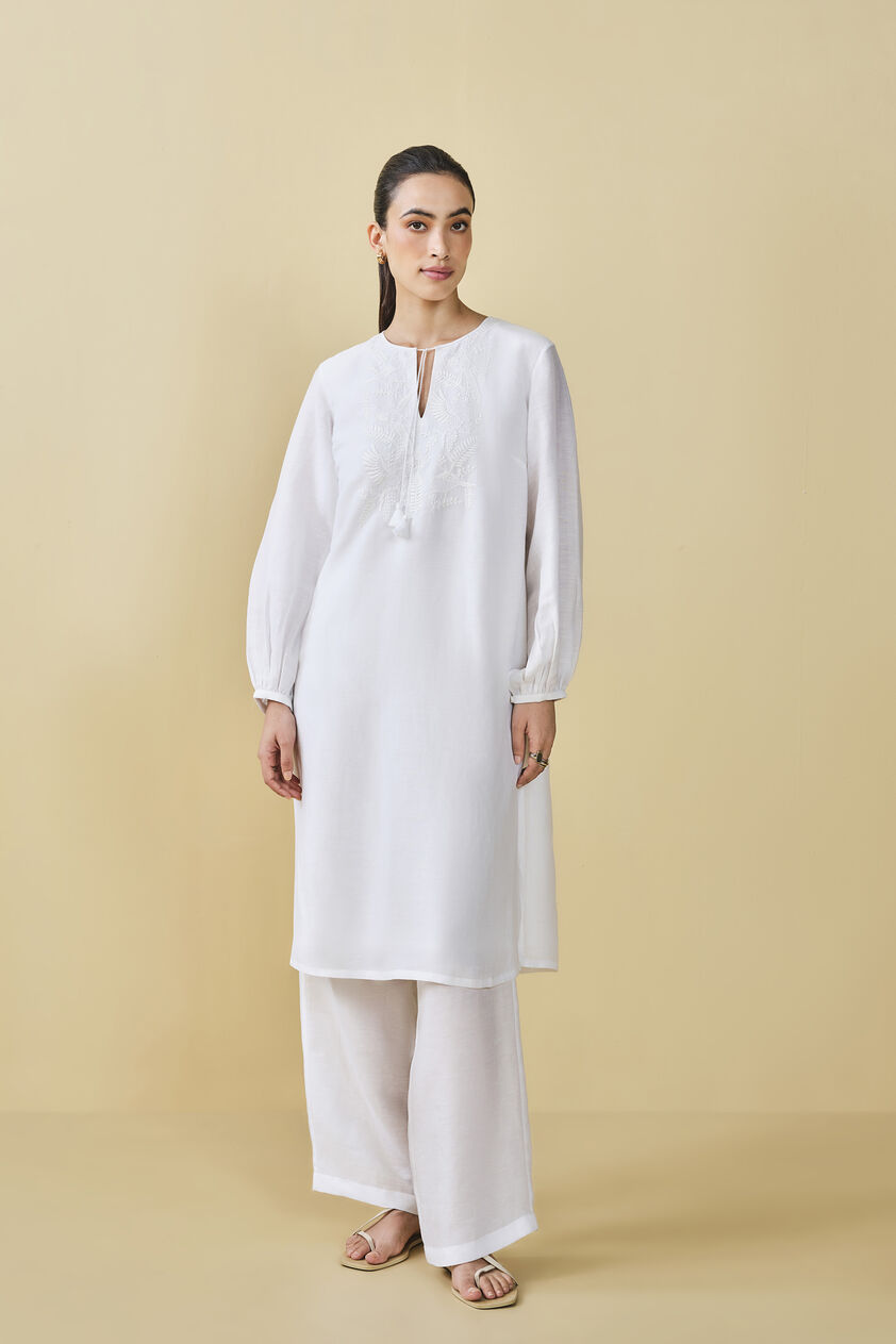 Cloud Sky Hand-embroidered Chikankari Linen Co-ord - White, White, image 1