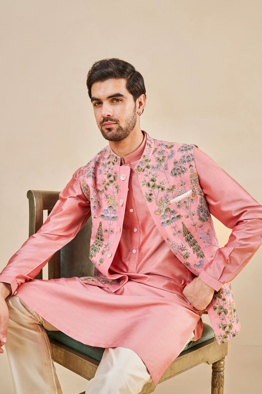 Nalesh Hand-painted Pichhwai Silk Nehru Jacket - Pink, Pink, image 8