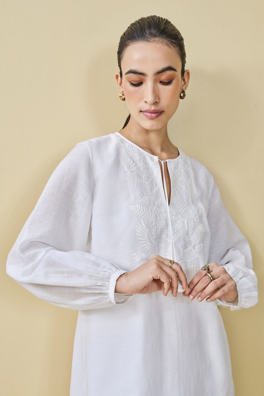 Cloud Sky Hand-embroidered Chikankari Linen Co-ord - White, White, image 5