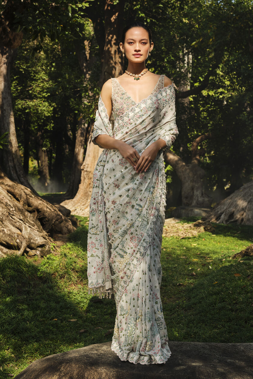 Sequoia Embroidered Silk Saree - Ivory, Ivory, image 1