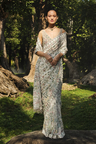 Sequoia Embroidered Silk Saree - Ivory, Ivory, image 1