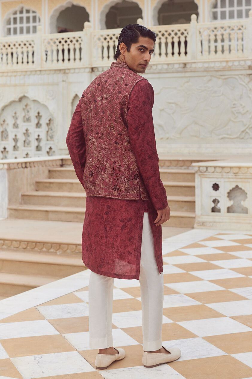 Jalaj Silk Nehru Jacket - Wine, Wine, image 2