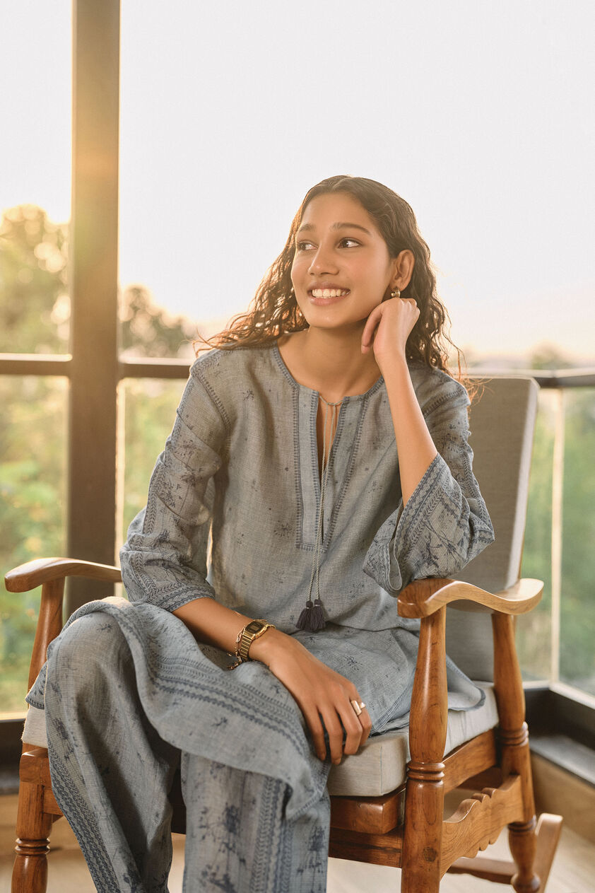 Pond Printed Linen Kurta Set  - Blue, Blue, image 2
