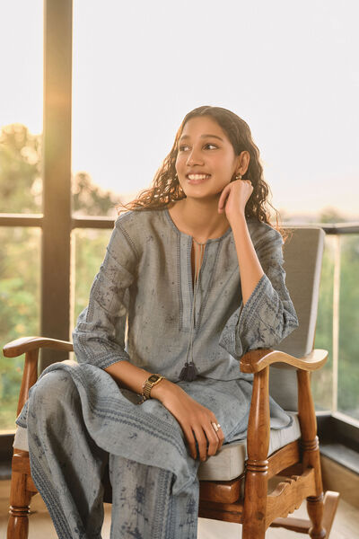 Pond Printed Linen Kurta Set  - Blue