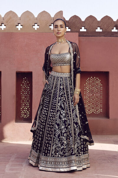 Triyama Embroidered Silk Lehenga Set - Blue