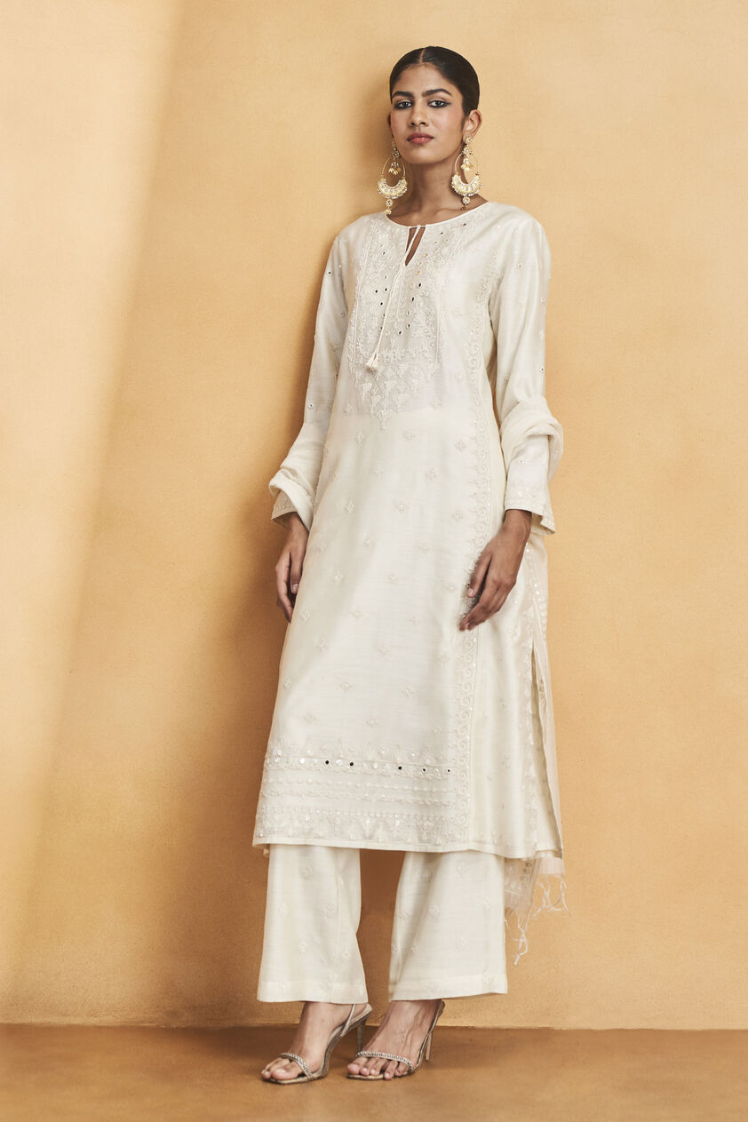 Samudra Embroidered Silk Suit Set - White, White, image 1