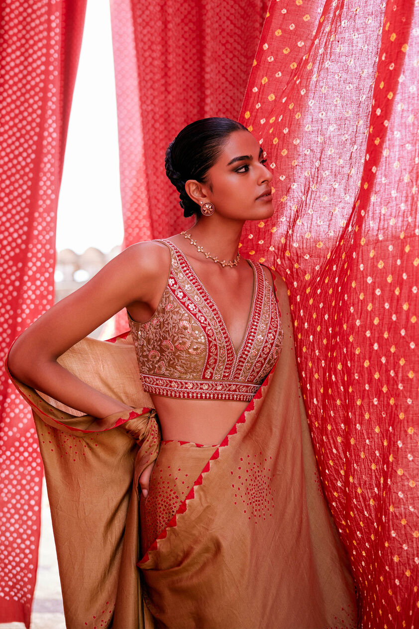 Maywa Handcrafted Bandhani Silk Pre-draped Saree - Olive, Olive, image 3