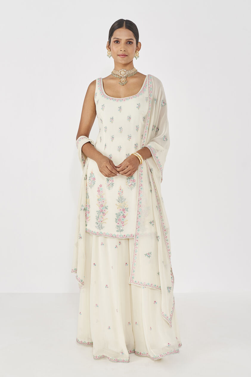 Elakshi Embroidered Sharara Set - Ivory, Ivory, image 1