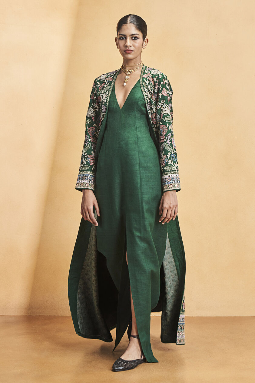 Blooming Wildforest SEWA Hand-embroidered Silk Jacket Set - Green, Green, image 5