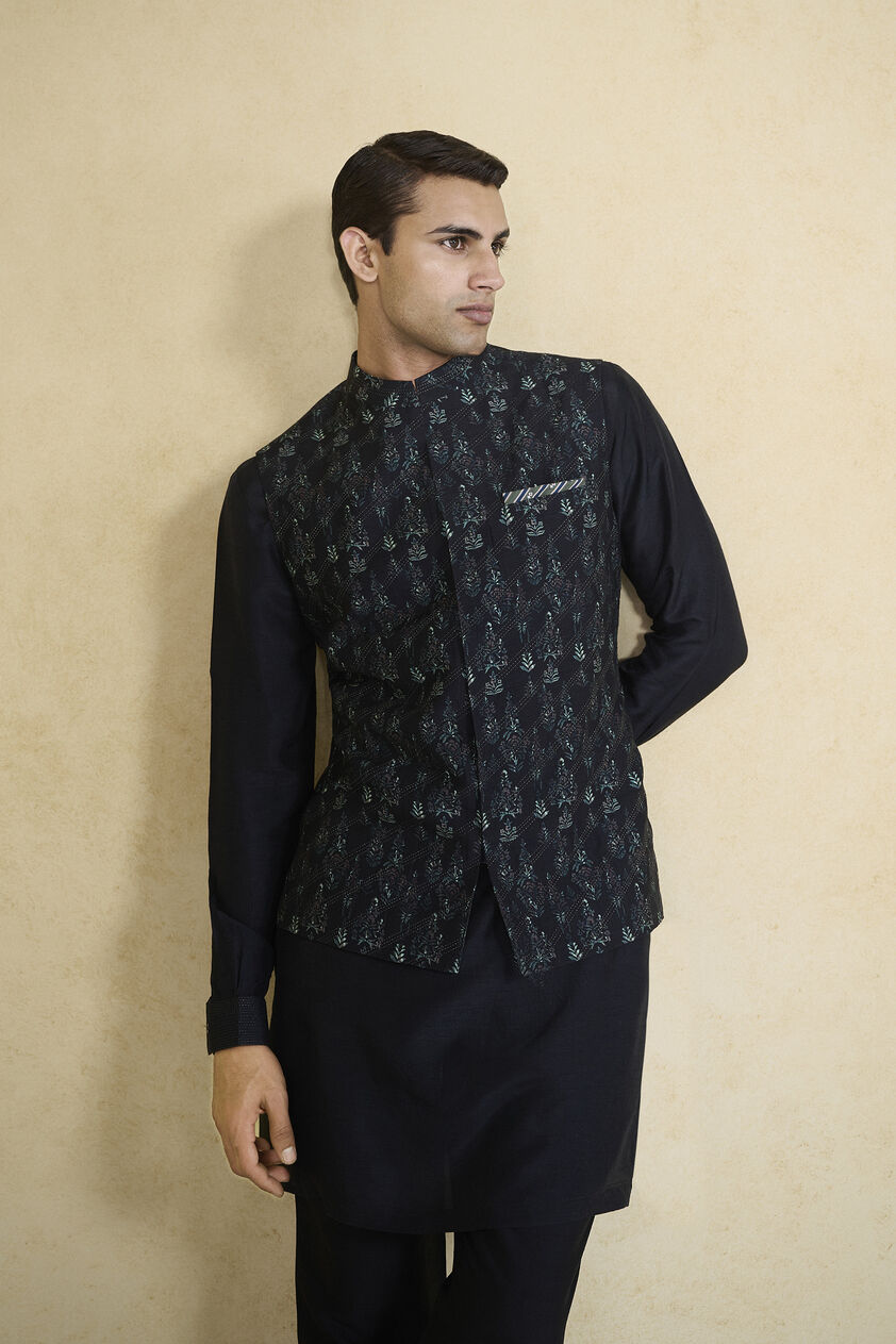 Edhas Embroidered & Printed Silk Nehru Jacket - Black, Black, image 4
