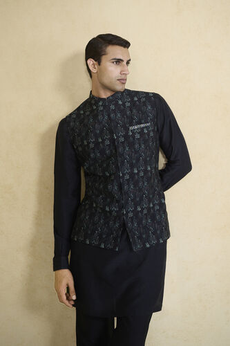 Edhas Embroidered & Printed Silk Nehru Jacket - Black, Black, image 4