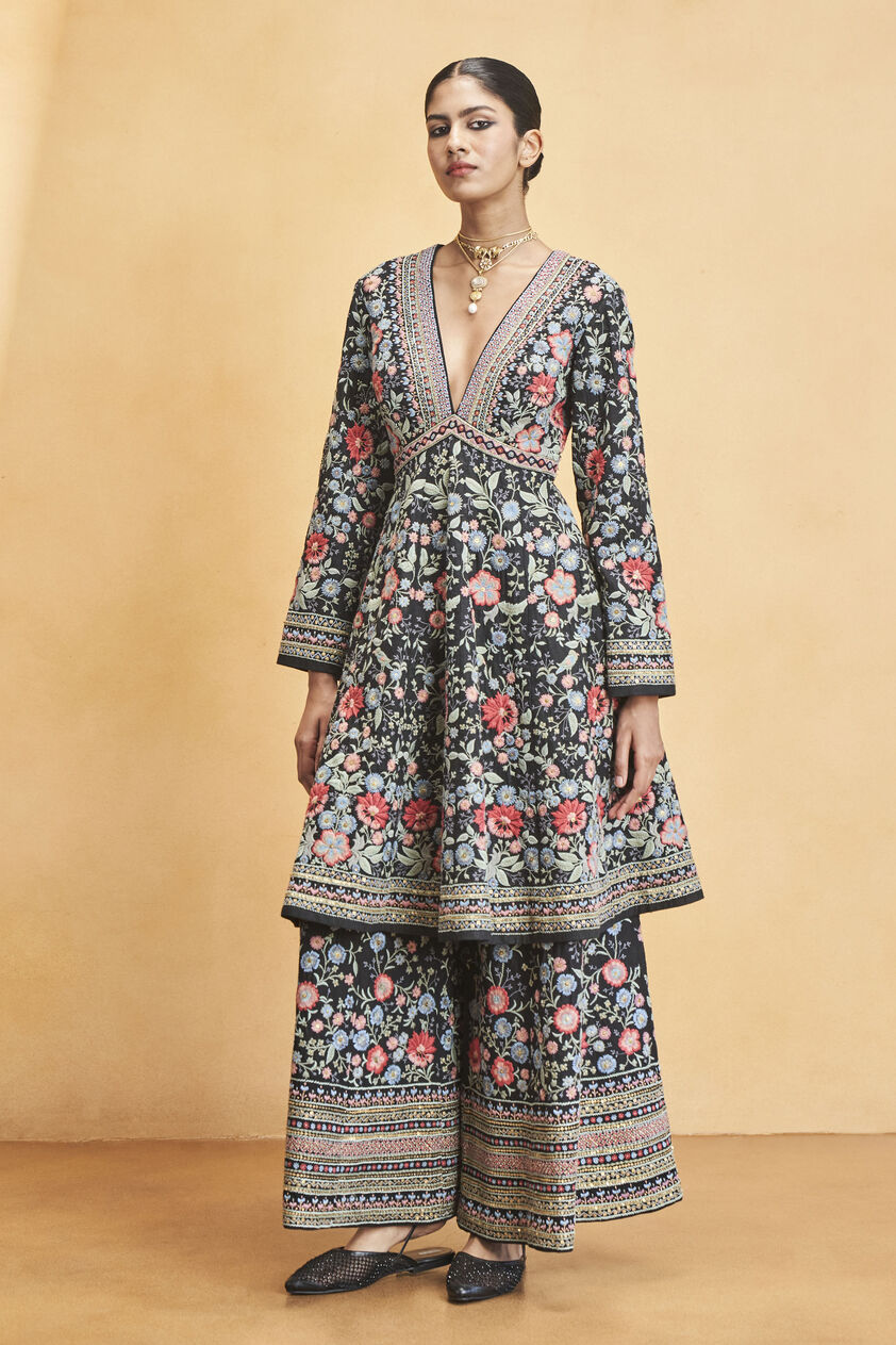 Floral Ballad Embroidered Zardozi Silk Kurta Set - Black, Black, image 1
