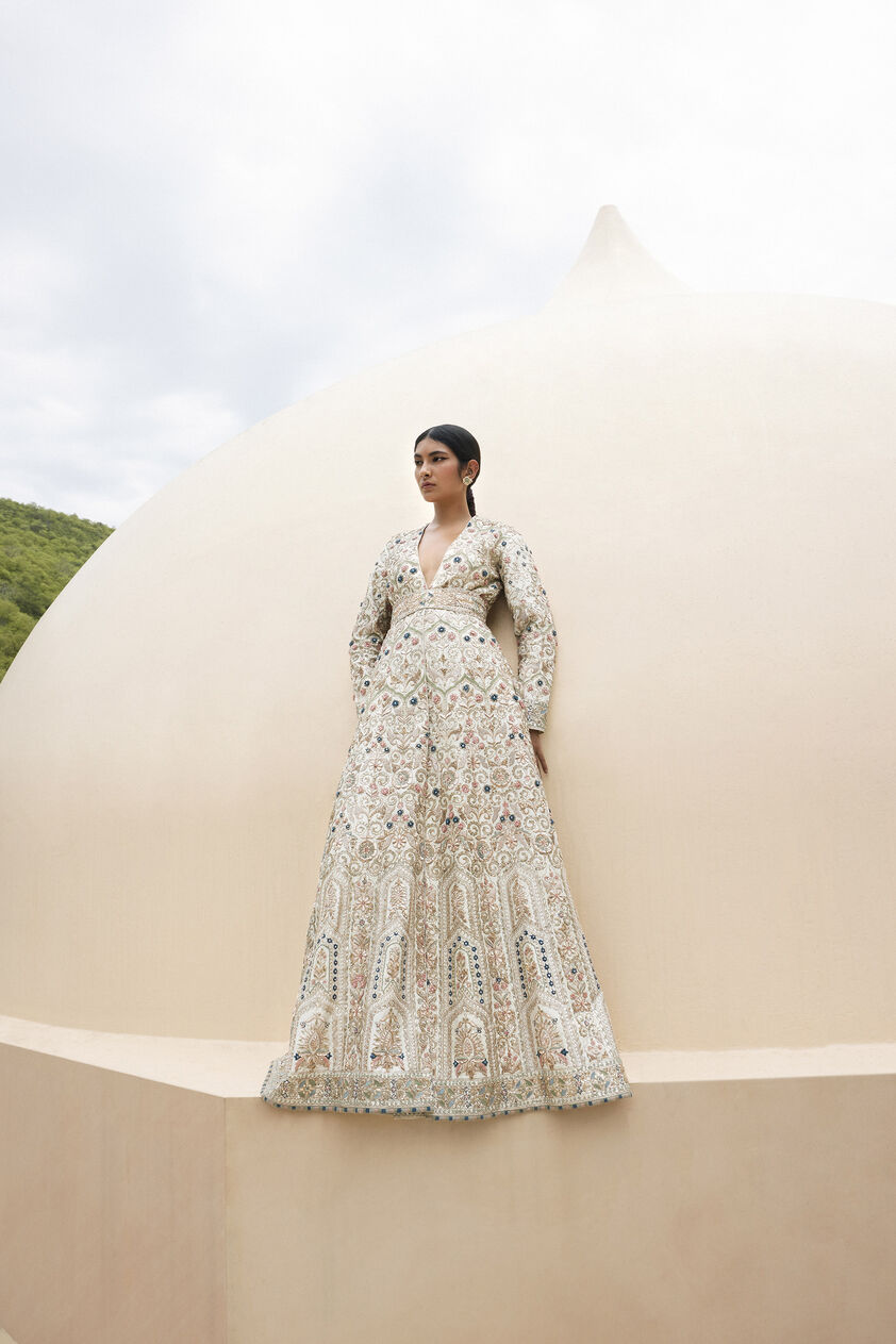 Hrida Zardozi & Resham Silk Jacket Set - Ivory, Ivory, image 4