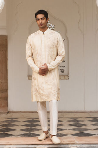 Dharv Embroidered Silk Kurta - Cream, Cream, image 1