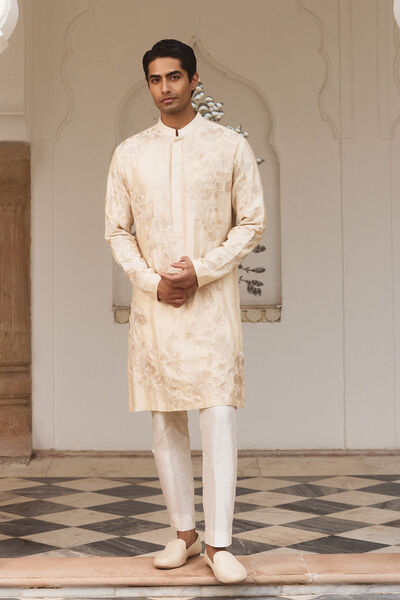 Dharv Embroidered Silk Kurta - Cream