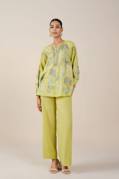 Pelagia Embroidered Linen Coord - Lime