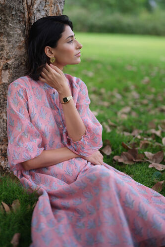 Heather Hand-block Printed Mul Dress - Pink, Pink, image 4