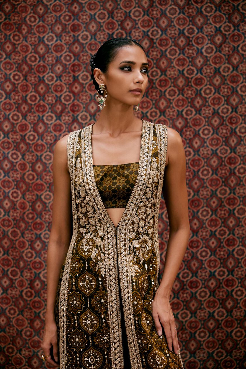 Souheir Ajrakh Hand-block Printed Silk Tabard Set - Olive, Olive, image 2