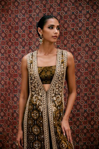 Souheir Ajrakh Hand-block Printed Silk Tabard Set - Olive, Olive, image 2