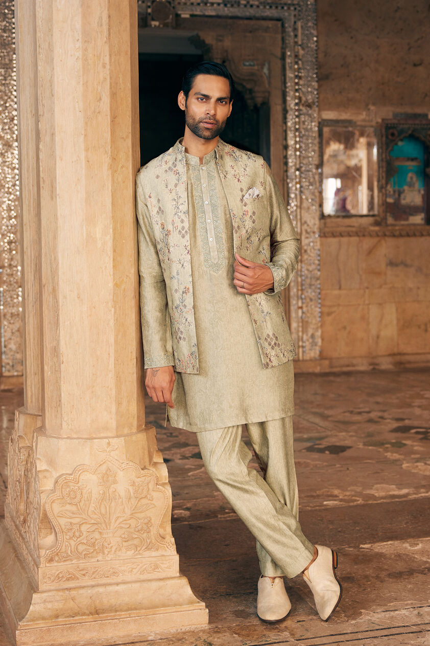 Hemil Printed Silk Nehru Jacket - Sage, Sage, image 1