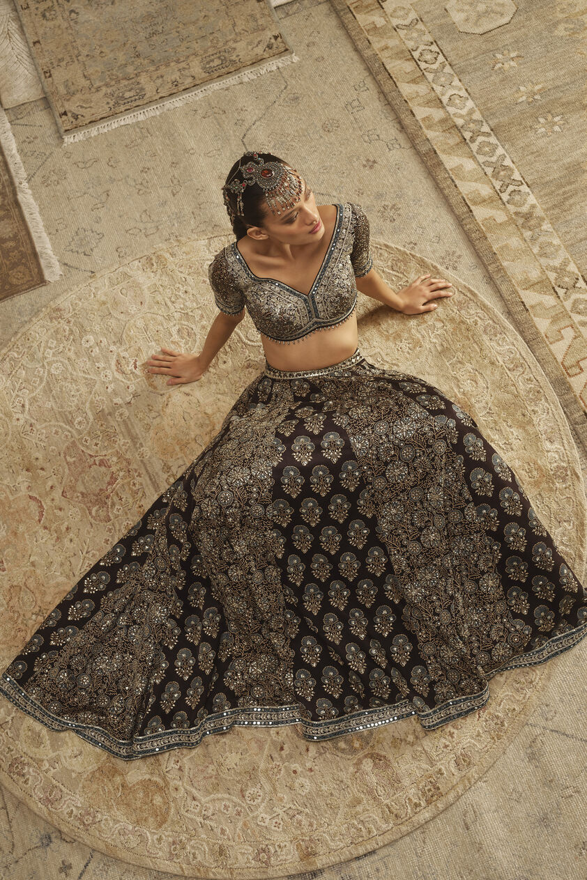 Koyyaro Ajrakh Hand-block Printed Silk Lehenga Set - Black, Black, image 3