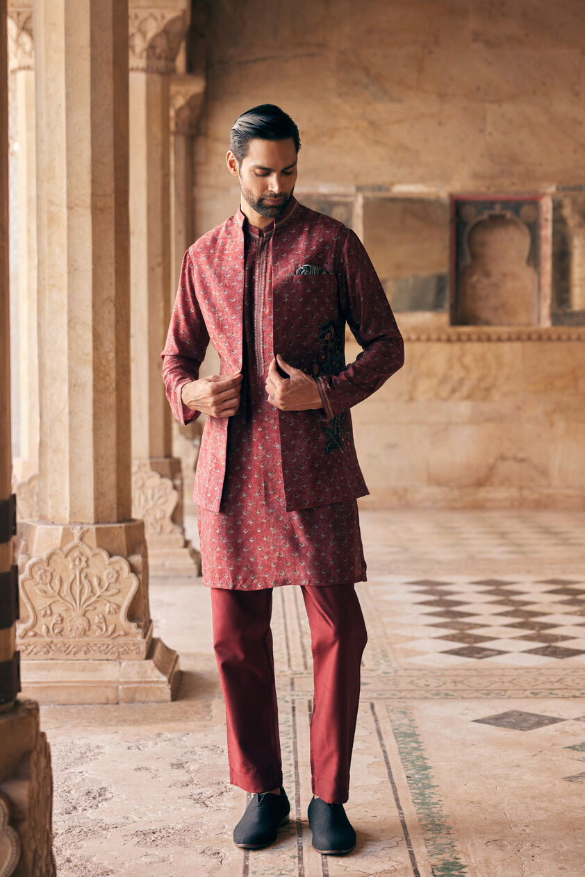 Humair Printed Silk Nehru Jacket - Maroon, Maroon, image 1