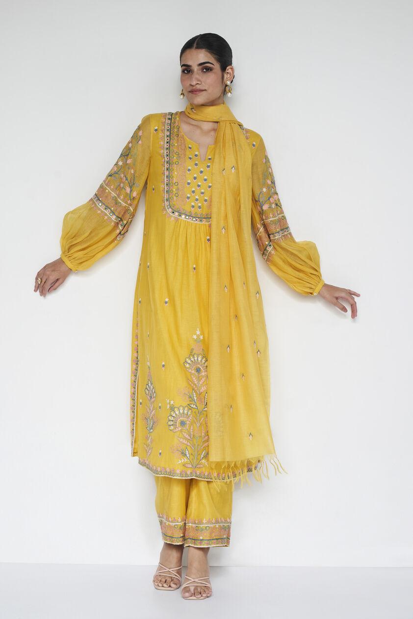 Philomel Embroidered Zardozi Silk Suit Set - Yellow, Yellow, image 2