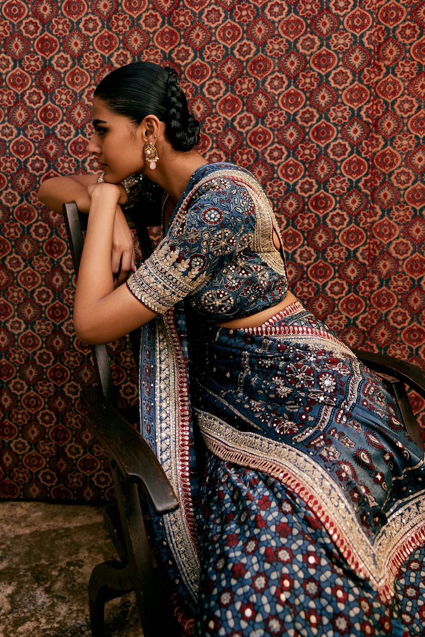 Akari Ajrakh Hand-block Printed Silk Saree - Blue, Blue, image 2