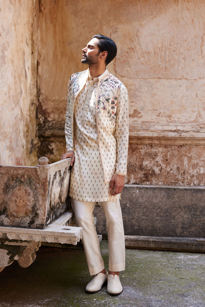 Kalhar Printed Silk Nehru Jacket - Ivory, Ivory, image 1