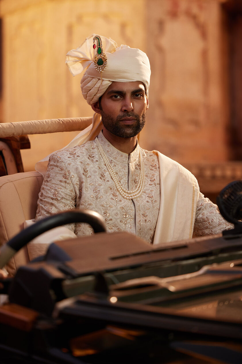 Devarsh Gota Patti & Aari Silk Sherwani - Ivory, Ivory, image 6
