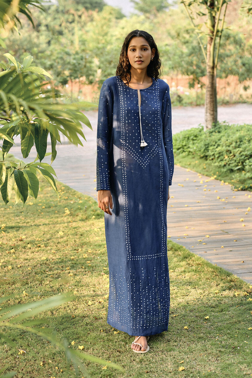 Coast Handcrafted Bandhani Linen Kaftan - Indigo, Indigo, image 5