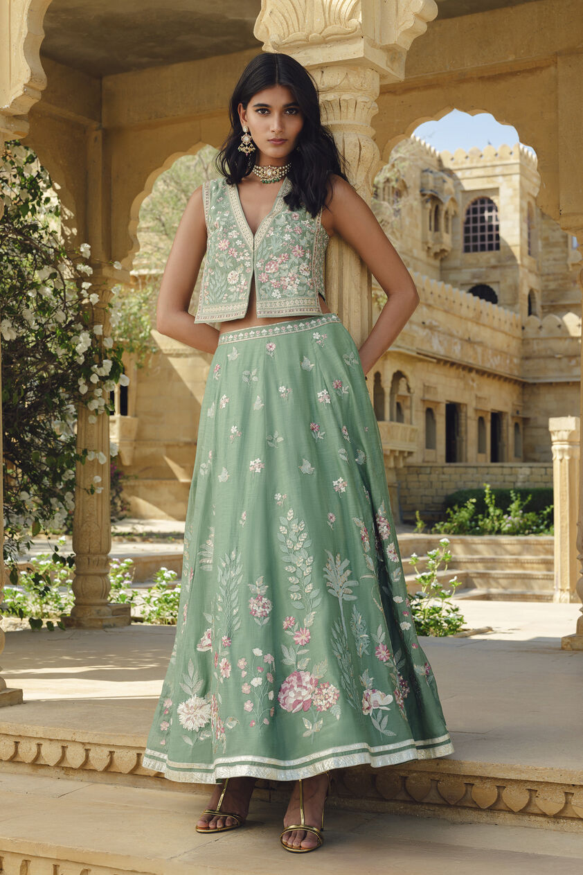 Avayah Embroidered Mul Skirt Set - Sage, Sage, image 1