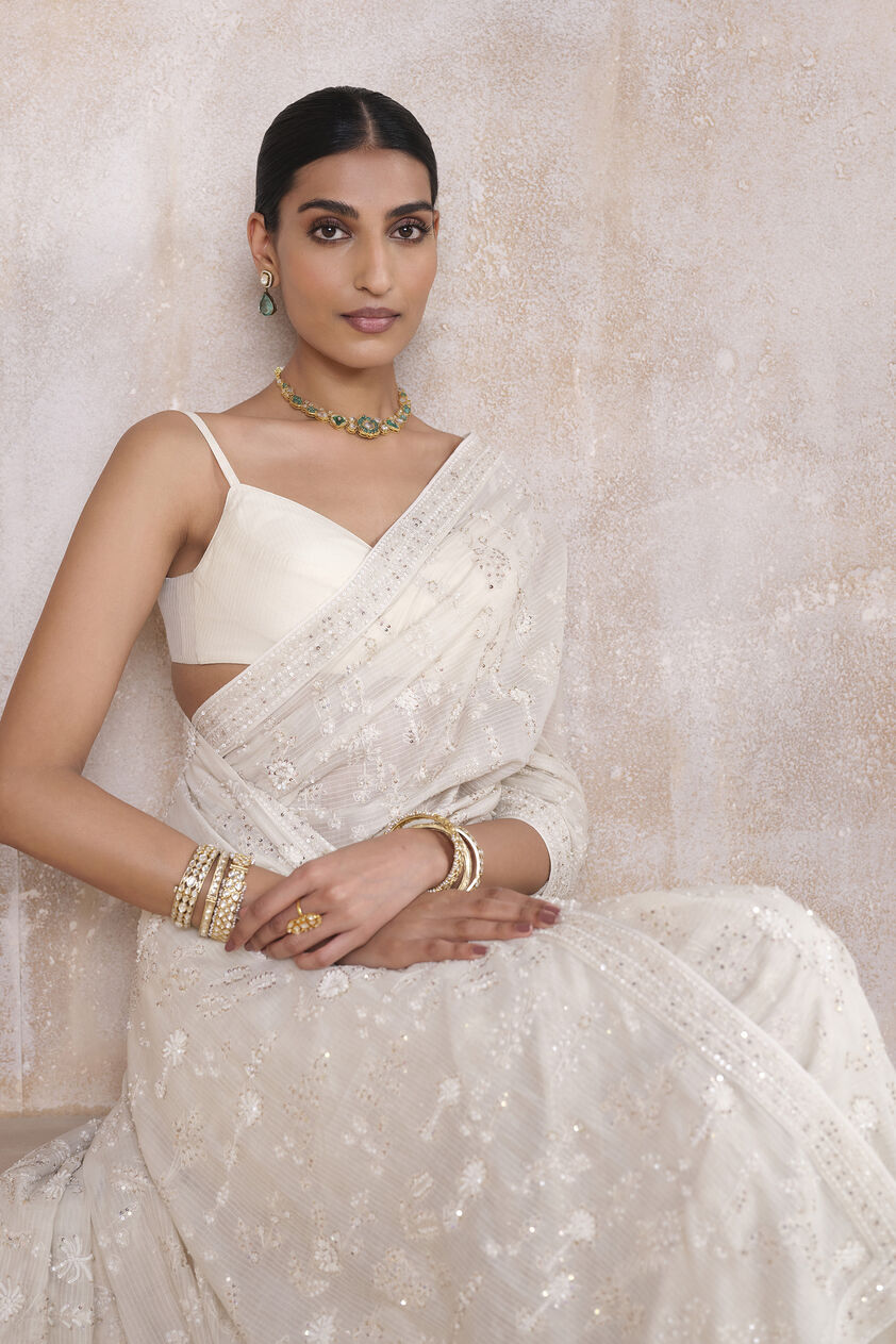 Zuhra Embroidered Saree - Ivory, Ivory, image 4