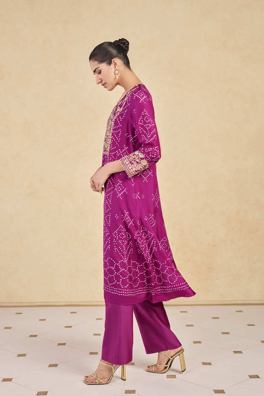 Johona Handcrafted Bandhani Silk Kurta Set - Purple, Purple, image 2