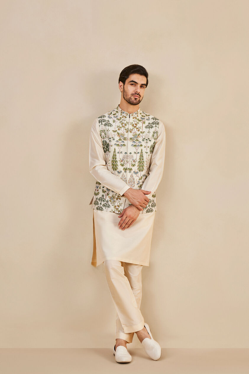 Nalesh Hand-painted Pichhwai Silk Nehru Jacket - Off White, Off White, image 1