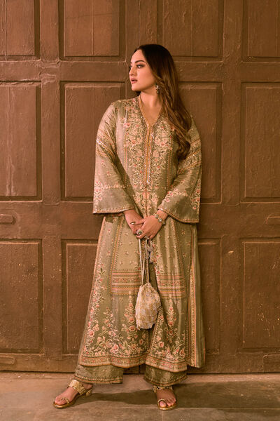 Laraline Printed Silk Jacket Set - Grey