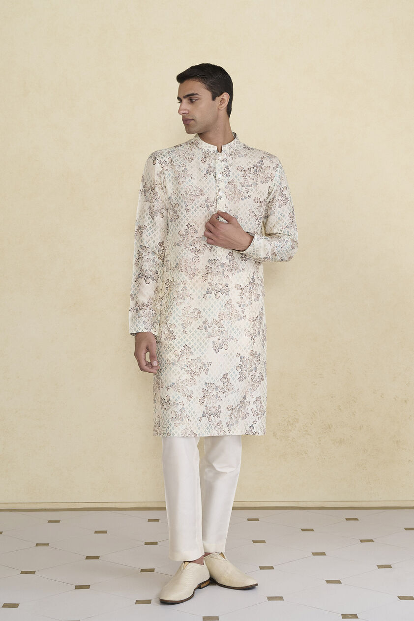 Rukham Printed Silk Kurta - Ivory, Ivory, image 1