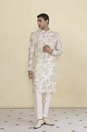 Rukham Printed Silk Kurta - Ivory, Ivory, image 1