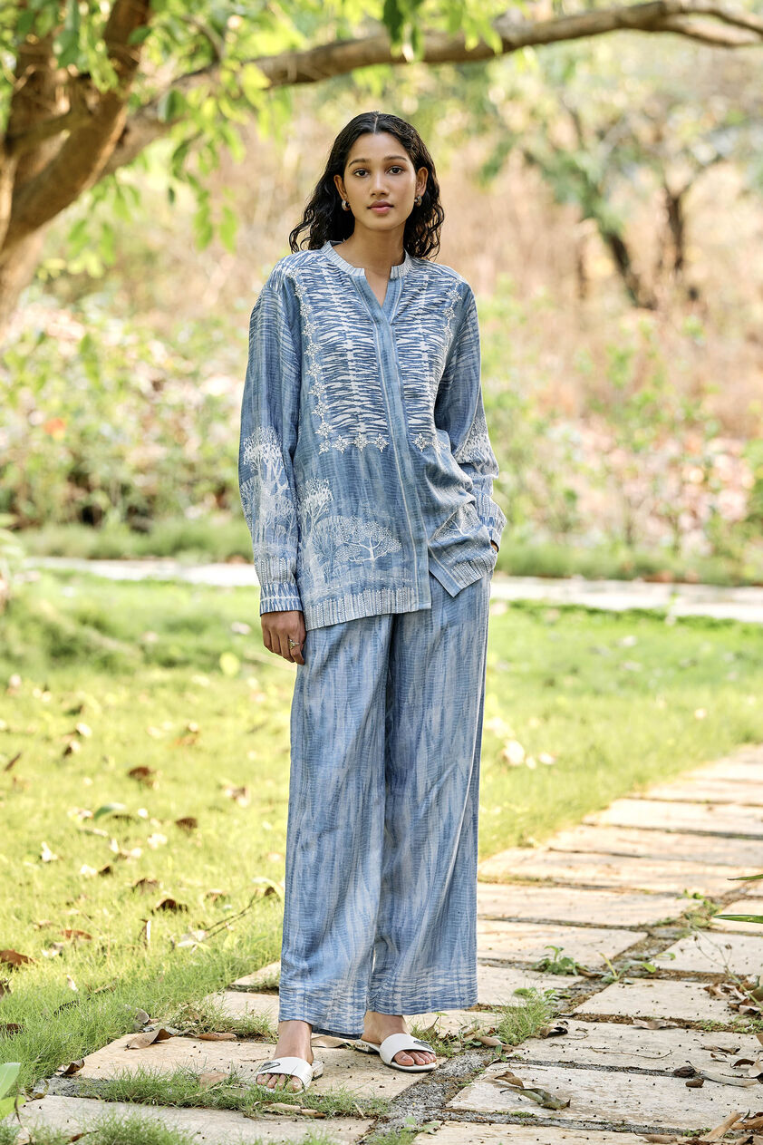 Creek Hand-embroidered Chikankari Linen Coord - Blue, Blue, image 4