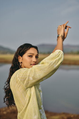 From The Mountain Hand-embroidered Chikankari Co-ord  - Lime, Lime, image 2